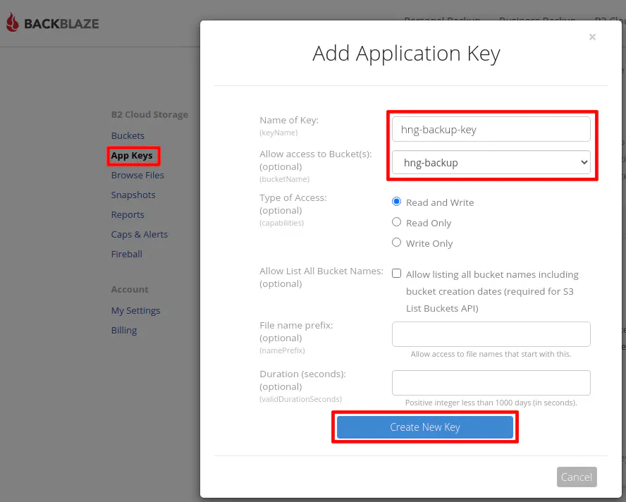 Backblaze B2 Add Application Key