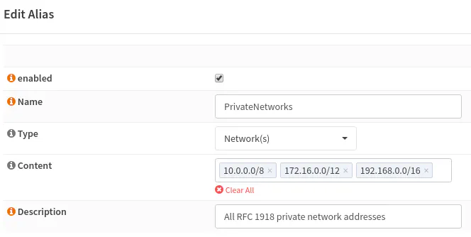 Private networks alias