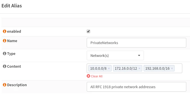 Private networks alias