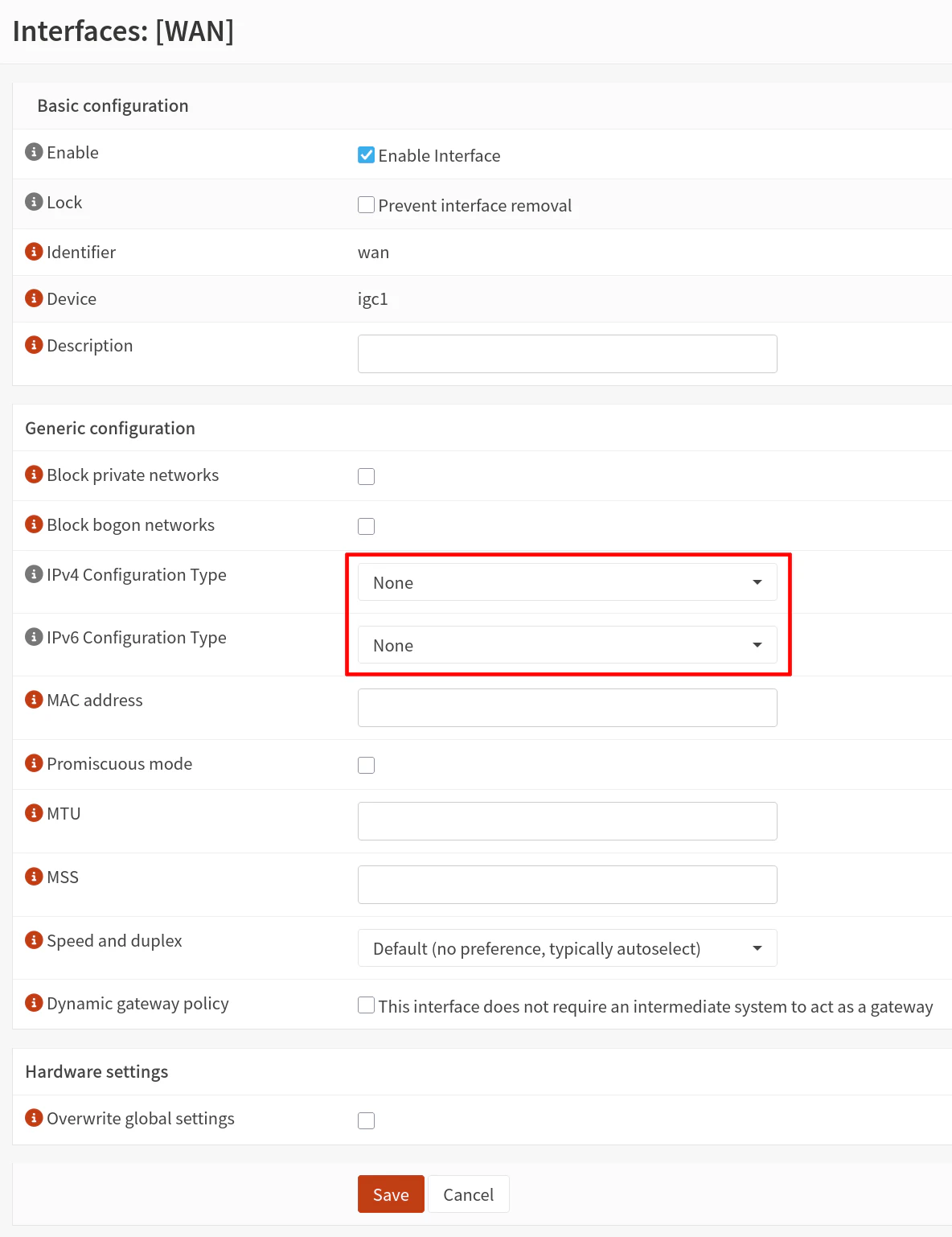 Disable IP Addresses on WAN Interface