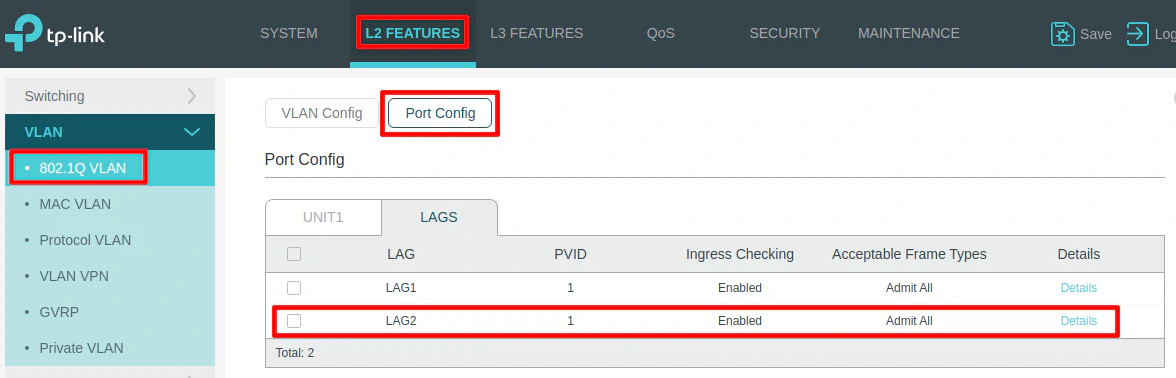 TP-Link Port Configuration for LAG