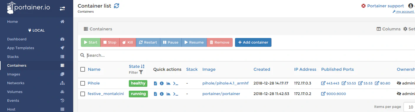 Installing Pi-hole container