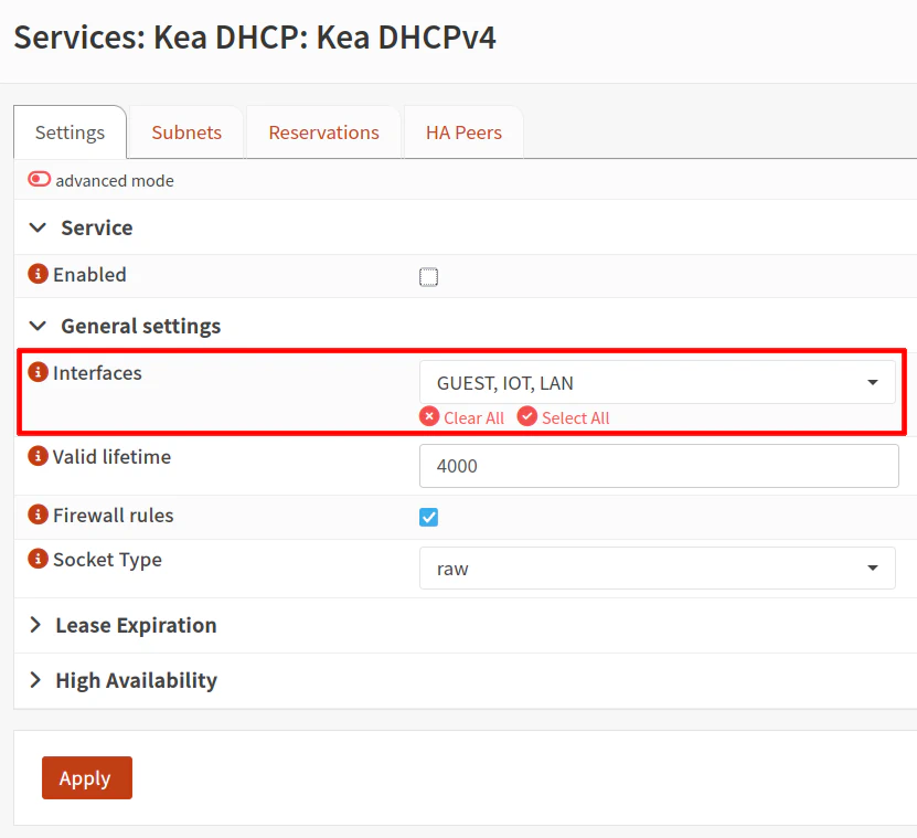 Kea DHCP Settings