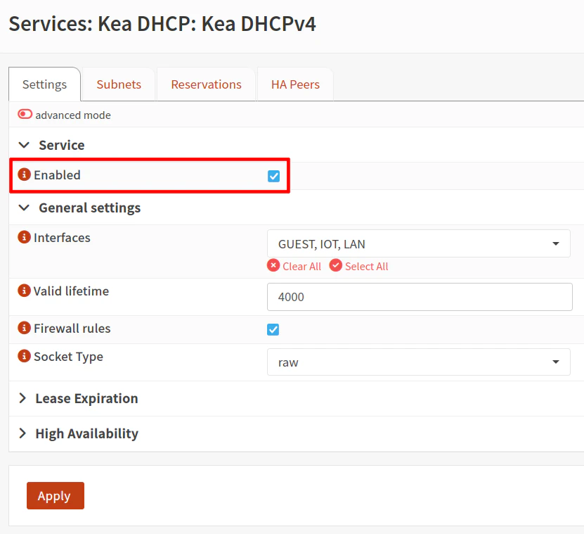 Kea DHCP Settings