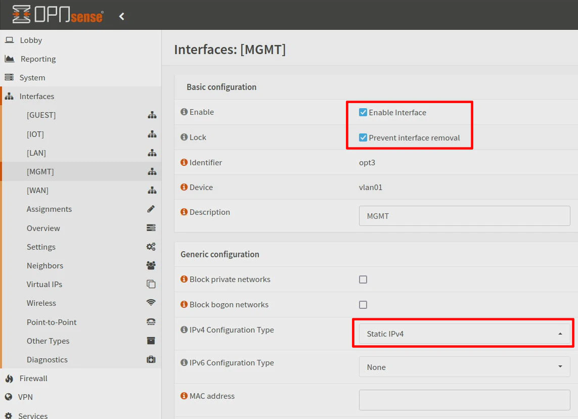 OPNsense Interface Configuration