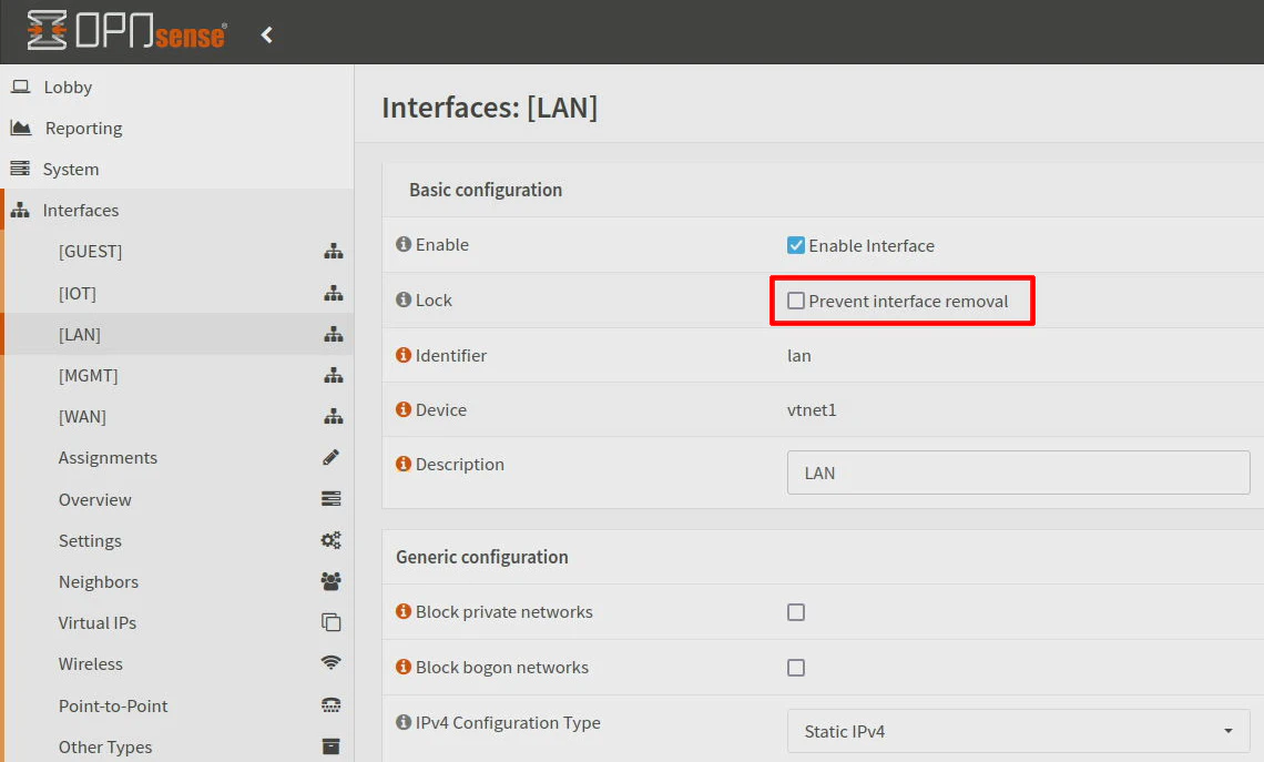 OPNsense Remove Interface